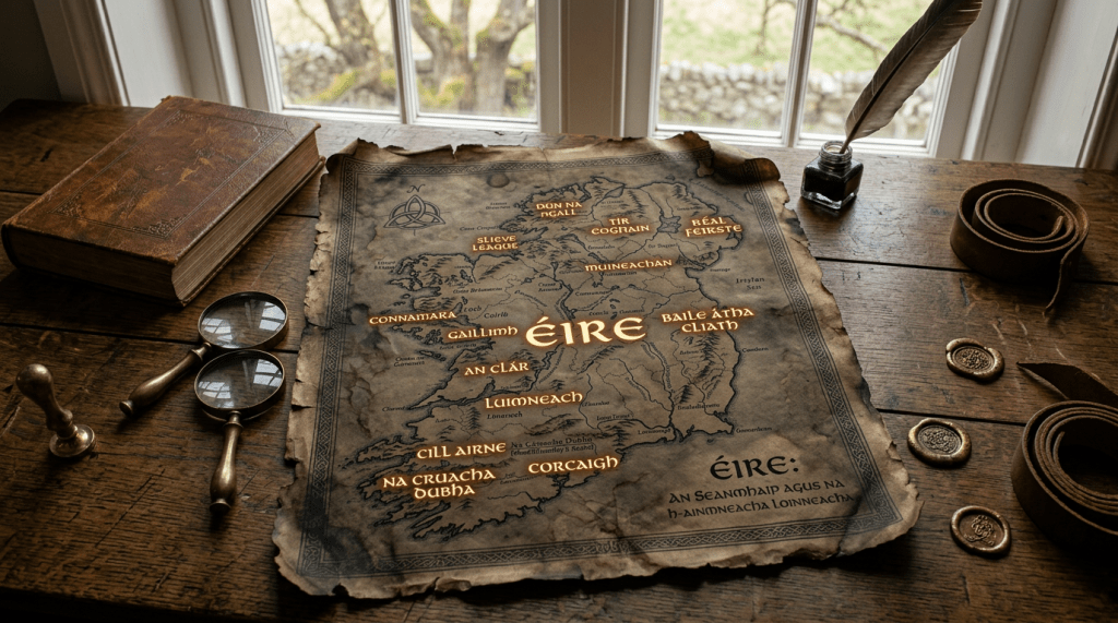 Antique map of Ireland showing Gaelic names of regions and cities