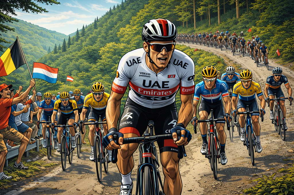 Cyclist in white and black UAE team kit leading a mountain race with other cyclists behind