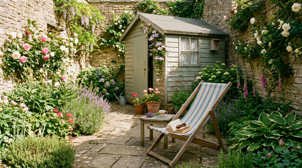 Garden patio with wooden shed, flowering plants, and striped deck chair holding an open book and cup
