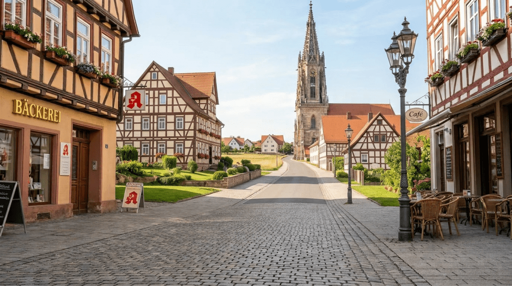 Pedestrian street with people walking and dining outside cafés among traditional half-timbered buildings and a tall church spire.