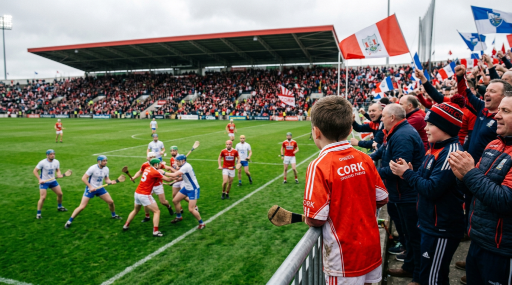 Young boy in Cork jersey cheering at hurling game with crowd and players in background
